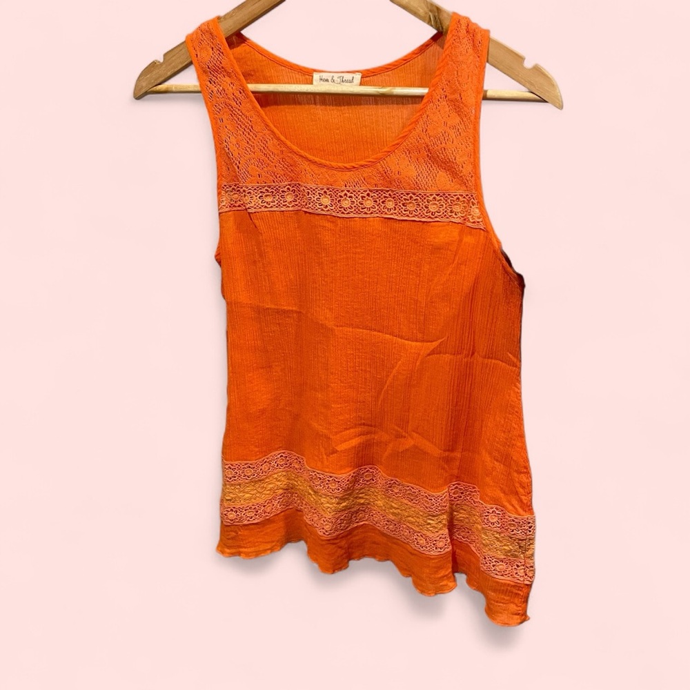 Cute peaches and cream crinkle crochet trim sleeveless breezy top
